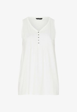 Blusa bianca senza maniche con scollo a V, cinque bottoni frontali e pieghe verticali sul petto, vestibilità ampia, marchio Evans.