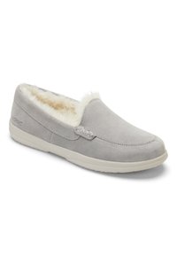 Gray suede slip-on shoe with faux fur lining, rounded toe, and beige rubber sole. Features subtle stitching and a logo detail on the side.