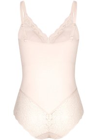 Heller beiger Bodysuit mit Spitze, ausgestattet mit verstellbaren Trägern und floralen Spitzen-Details am Rücken. Glattes Material mit einer figurbetonten Form.