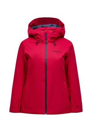 Rote Kapuzenjacke mit schwarzem Reißverschluss, verstellbaren Kordeln an der Kapuze, langen Ärmeln mit Handgelenkstraps und Logo auf der linken Brust.