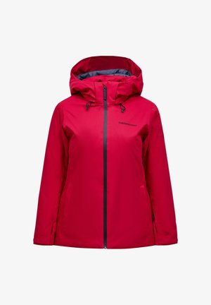 Rote Kapuzenjacke mit schwarzem Reißverschluss, verstellbaren Kordeln an der Kapuze, langen Ärmeln mit Handgelenkstraps und Logo auf der linken Brust.