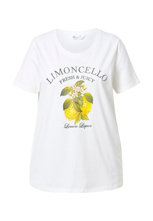Weißes Baumwoll-T-Shirt mit einem grafischen Druck von Zitronen und Blättern, der den Text "Limoncello Fresh & Juicy" oben und "Lemon Liquor" unten zeigt.