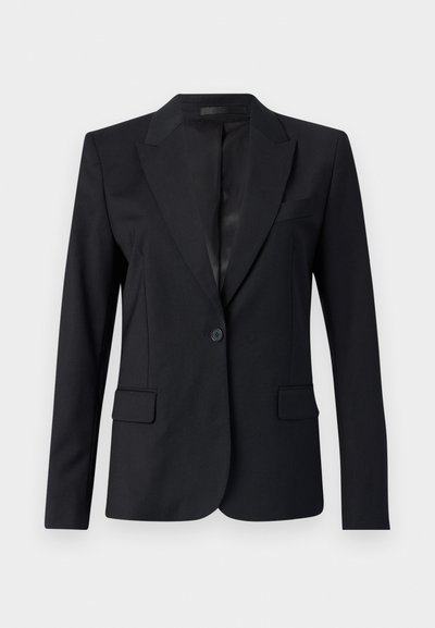 Sort blazer med en afdæmpet krave, enkelt knaplukning, to frontlommer og et slankt, skræddersyet design. Glat tekstur med et minimalistisk udseende.