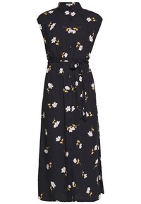 Schwarzes Hemdkleid mit kurzen Ärmeln, das ein florales Muster in Weiß und Gelb aufweist und einen gebundenen Taillengürtel hat. Glatte Stoffoberfläche.