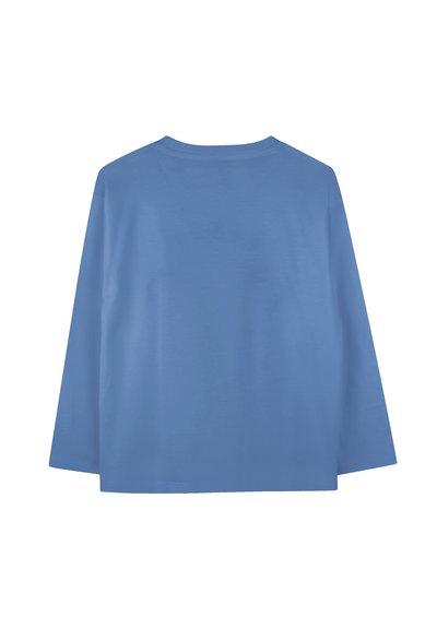 Chemise à manches longues bleu en coton. Encolure ronde, coupe décontractée, texture lisse et ourlet droit avec un design simple.