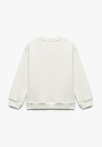 Vit sweatshirt med rund hals, långa ärmar, ribbade muddar och nederkant. Tillverkad av mjukt material med en slät yta och minimalistisk design.