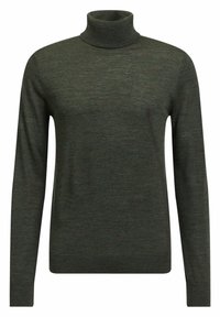 Maglione dolcevita verde oliva, realizzato in morbido tessuto testurizzato, con maniche lunghe e silhouette aderente. Nessun motivo o decorazione.