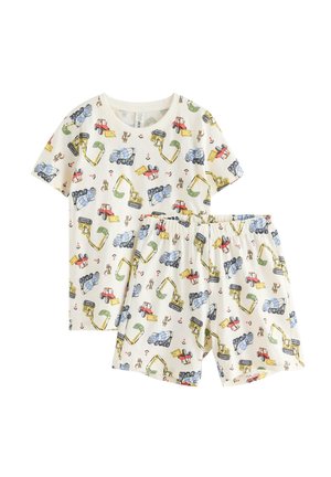 Børne t-shirt med korte ærmer og shorts sæt med farverige entreprenørmaskiner og arbejdere mønster på hvidt stof.