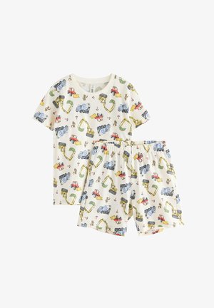 Completo per bambini con maglietta a maniche corte e pantaloncini, decorato con motivi di veicoli da costruzione colorati e operai su tessuto bianco.