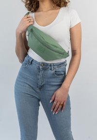 Zelená látková ledvinka s zipovým uzávěrem, nošená přes tělo. Má hladkou texturu a obdélníkový tvar.