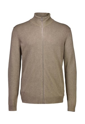 Maglione taupe con zip e maniche lunghe, collo, polsini e orlo a costine, mostrato su sfondo bianco.