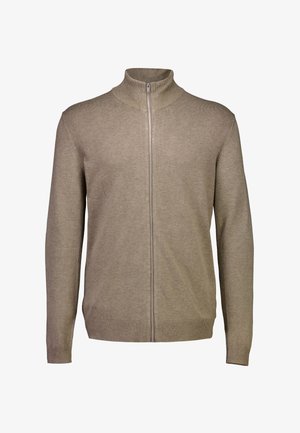 Taupefarbener Sweatshirt mit durchgehendem Reißverschluss, langärmlig, mit geripptem Kragen, Bündchen und Saum, präsentiert auf weißem Hintergrund.