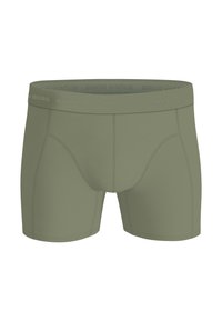 Olivgrüne Herrenboxershorts mit einem weichen, elastischen Taillenbund, der das "BJÖRN BORG"-Logo trägt. Hergestellt aus einem glatten, dehnbaren Stoff mit genähten Details.