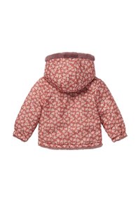 Padded jacket w różowy wzór kwiatowy, z miękkim różowym futerkiem w kapturze i mankietach. Posiada elastyczne rękawy i dół.