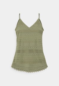 Olivově zelený háčkovaný top bez rukávů s nastavitelnými ramínky, V-výstřihem a vroubkovaným lemem. Obsahuje složité vzory po celém povrchu.