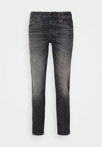 Jeans din denim negru cu o spălare ușor decolorată, design cu cinci buzunare, închidere cu nasture, croială dreaptă și detalii de cusătură vizibile.