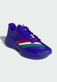 Scarpa da atletica viola in materiali mesh e sintetici; presenta strisce rosse, bianche e verdi; suola testurizzata; punta arrotondata; design con lacci.