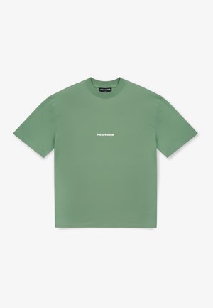 Mintgroene t-shirt met korte mouwen, gemaakt van gladde stof, met een ronde hals en "PEGADOR" in het wit gedrukt op de voorkant.