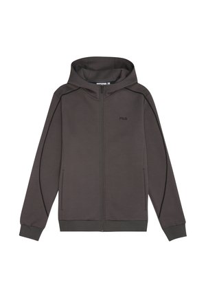 Sudadera gris con cremallera fabricada en material suave, con cremallera frontal, bolsillos laterales, puños acanalados y capucha. Presenta costuras de acento en negro.