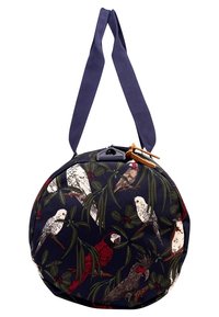 Okrąga torba z materiału o granatowym tle z kolorowym nadrukiem papugi i falistej. Posiada zamek błyskawiczny na górze oraz dwa granatowe uchwyty.