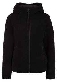Giacca in pile nera con cappuccio, dotata di zip completa, tasche laterali e un'esterno morbido e strutturato. Design semplice senza accenti visibili.