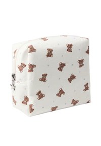 Lukked kosmetisk pung lavet af blød stof med en cremefarvet baggrund prydet med spredte brune teddy bjørne-illustrationer og små blå stjerner.