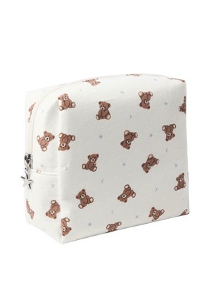 Sminkväska med dragkedja, tillverkad av mjukt tyg med en krämfärgad bakgrund som har spridda bruna nallebjörnsillustrationer och små blå stjärnor.