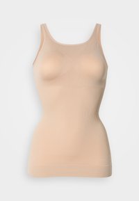 Maiou bej din material elastic, cu un design mulat, decolteu rotund și părți laterale fără cusături pentru o siluetă netedă.