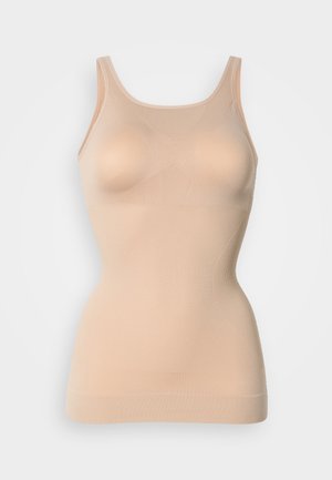 Beżowy top na ramiączkach wykonany z elastycznego materiału, o dopasowanym kroju, z dekoltem w kształcie litery U oraz bezszwowymi bokami dla gładkiej sylwetki.