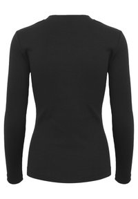 Top a maniche lunghe nero a coste con un design aderente, scollatura rotonda e una texture della stoffa liscia, senza motivi o accenti visibili.