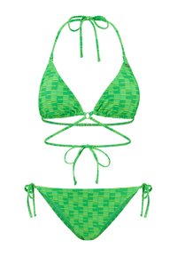 Zeleni bikini s geometrijskim uzorkom, s trokutastim gornjim dijelom i zatvaranjem na vezanje. Materijal je gladak i rastezljiv, dizajniran za uski stil.