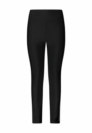 Leggings neri in un materiale liscio ed elastico, con vita alta e design alla caviglia. Nessun motivo o dettaglio hardware visibile.