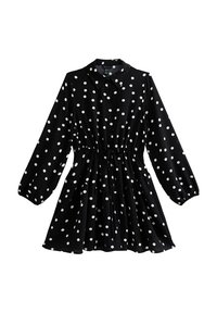 Schwarzes Kleid mit weißen Punkten, langen Ärmeln, kragenförmigem Hals, elastischem Bund und ausgestellt Rock. Hergestellt aus leichtem, glattem Stoff.