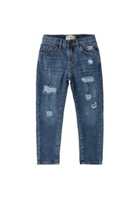 Dunkelblaue Denim-Jeans mit Slim-Fit, distressed Details mit Rissen und einem Knopfverschluss an der Taille.