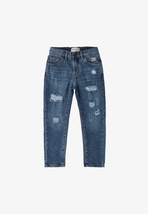 Jeans in denim blu scuro con vestibilità slim, dettagli strappati e cuciture, e chiusura con bottone in vita.