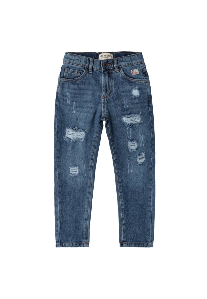 Dunkelblaue Denim-Jeans mit Slim-Fit, distressed Details mit Rissen und einem Knopfverschluss an der Taille.
