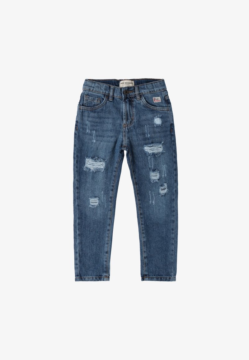 Jeans de denim en azul oscuro con un corte ajustado, detalles desgastados con roturas y un cierre de botón en la cintura.