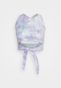 Top cropped feito de tecido suave com um padrão tie-dye em tons de roxo e azul pastel. Apresenta um decote cruzado e um laço na cintura. Logotipo impresso.