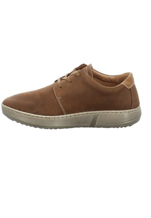 Bruine leren schoenen met een ronde neus, vetersluiting en een zachte textuur. Contrasterend stiksel en een lichter tan accent bij de hak.