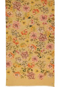 Écharpe florale jaune ornée de fleurs roses, oranges et violettes avec des feuilles vertes. Sa texture douce et ses bords frangés embellissent son design.