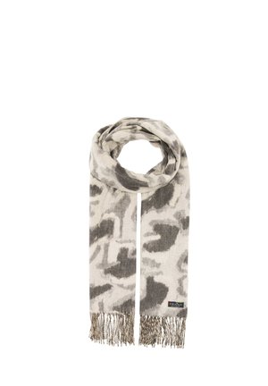 Soft beige and gray patterned scarf with fringe ends, folded in a loop with a small brand label near one fringe.