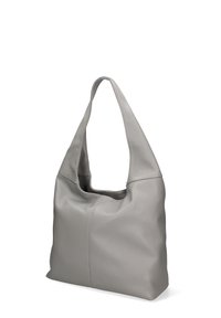 Borsa hobo in pelle grigia con una finitura liscia e strutturata, manico largo e singolo, e forma arrotondata. Presenta cuciture discrete e nessun hardware visibile.