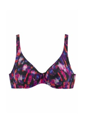 Underwire bra with adjustable straps featuring a multicolor abstract pattern in shades of purple, pink, red, and black.