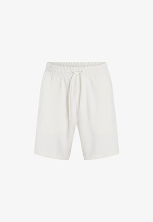 Pantalones cortos de algodón blanco con cinturilla elástica y cordón ajustable. Cuentan con un corte relajado y una textura suave.