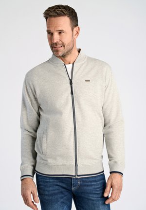 Veste zippée gris clair avec col montant, poignets et ourlet côtelés, dotée d'un logo discret et de détails contrastants en marine.