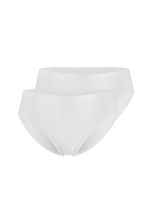 Mutande di cotone bianche con una texture liscia, caratterizzate da un design a vita bassa e una ampia cintura elastica. Due paia esposti impilati.