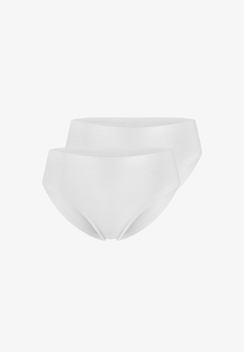 Weiße Baumwollunterhosen mit glatter Textur, die ein niedrig geschnittenes Design und einen breiten elastischen Bund aufweisen. Zwei Paare übereinander gestapelt dargestellt.
