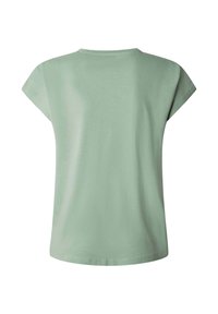 Krátky rukáv, svetlozelené tričko s voľným strihom, okrúhlym výstrihom a hladkým bavlneným materiálom. Bez vzorov alebo grafiky.