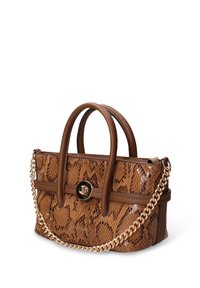 Bruine handtas met slangenprint en een textuurrijke afwerking, dubbele bovenhandgrepen en een gouden kettingriem. Voorzien van een logo-accent aan de voorkant.