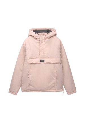 Light pink hooded jacket made of smooth fabric, featuring a front pocket, adjustable drawstrings, and a zippered collar.